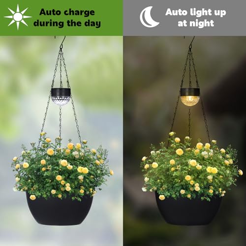BAYN 2 Packs Solar Hanging Basket Planters for Plants Outdoor, Self Watering Black Flower Plants Pots with Solar Light Drainer for Balcony Patio Garden Outdoor Decoration - color: Black