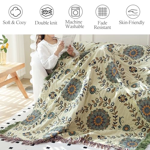 Snycler Boho Throw Blanket for Bed - 100% Cotton Ultra Soft Rustic Quilt - Blue Green Floral Printed Farmhouse Decor Bed Blankets, 60"×80" All Season Rustic Throw for Sofa Couch Chair - color: Blue Green Floral, size: 60"x80"