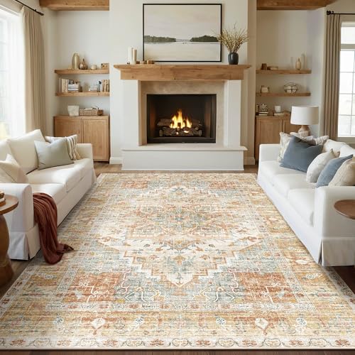 Kokia Washable Area Rugs 9x12 Living Room Boho Non Slip Thin Carpet Stain Resistant Vintage Orange Printed Oriental Distressed Rug for Bedroom Low Pile - color: 02/Orange/Cream/Affogato/Gray, size: 9' x 12' (Rectangular)