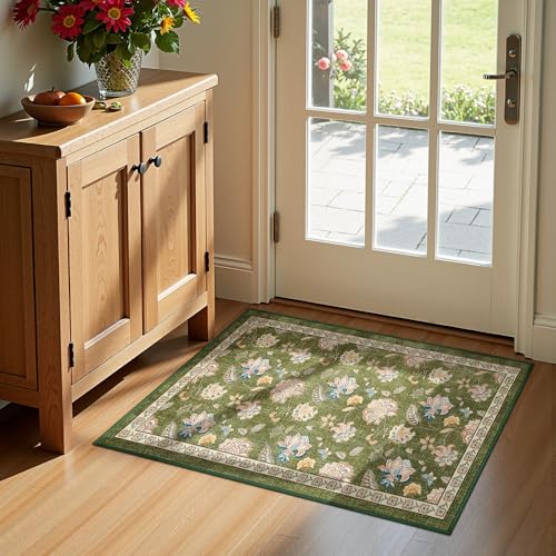 jinchan Elora 2x3 Floral Rug for Entryway Washable Kitchen Rug Vintage Romance Design Small Mat Non Slip Indoor Doormat Lightweight Low-Profile Throw Carpet for Entrance Bathroom Laundry Room, Green - color: Bloom Green, size: 2' x 3' (Light Weight)
