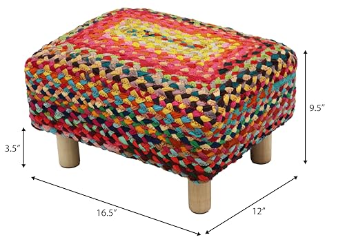 COTTON CRAFT Multi Chindi Footrest - Braided Cotton Rag Rug Foot Stool Ottoman with Sturdy Wood Legs – Handmade Boho Leg Rest - Small Spaces Under Desk Living Room Entryway Low Footstool - 16.5x12x9.5 - color: Cotton - Multi