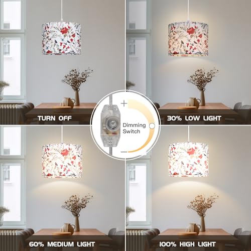 CINSARY Pendant Light with Flower Fabric Shade, Pendant Lights Kitchen Island with Dimmable Switch, Hanging Lamp with 15 ft Clear Cord, Hanging Lamp for Bedroom Dining Room Living Room (Bulb Included) - color: Flower-2