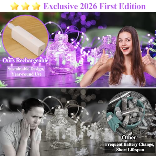 Lakumu 16FT(5M) Purple Fairy Lights, Rechargeable Battery Operated String Lights with Timer, 8 Modes Waterproof Mini LED Twinkle Lights for Bedroom Christmas Wedding Vine Centerpiece Table Decor - color: Purple, size: 16FT
