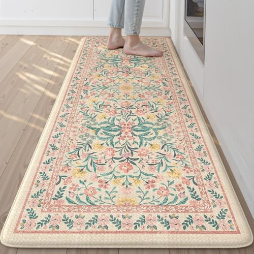 Collive Kitchen Mats Cushioned Anti Fatigue, Non Slip Waterproof Kitchen Floor Mat Modern Pink Floral Sink Rug, Comfort Desk Standing Rugs for Bedroom, Laundry, Home Office, 2'x5' - color: Pink, size: 59"L x 24"W x 0.5"Th