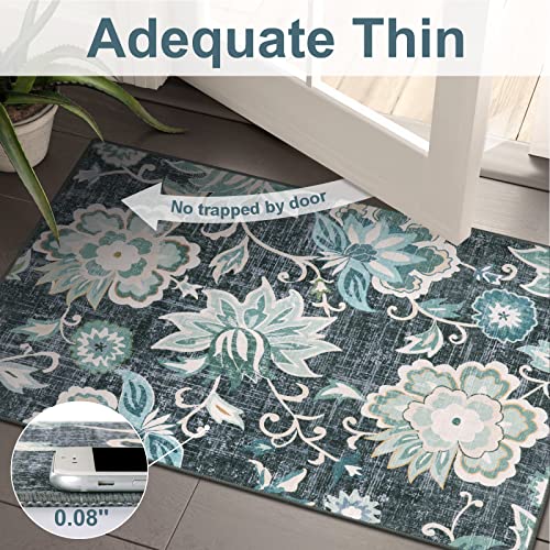 Beeiva Floral Entry Rugs for Inside House,2x3 Non Slip Washable Kitchen Rug Front Door Mat, Ultra Thin Doormat Non-Shedding Throw Carpet for Bedroom Bathroom (Blue,2'x3') - color: Blue, size: 2' x 3' (Rectangular)