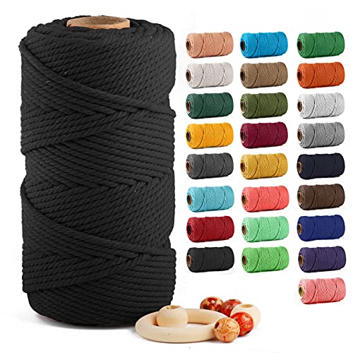 Macrame Cotton Cord 5mm x 109 Yards, ZUEXT 100% Natural Handmade Colorful 4 Strands Twisted Braided Cotton Rope for Wall Hanging Plant Hangers Gift Wrapping Tapestry DIY Crafts(100m, Black) - color: Black, style: 5mm x 100m