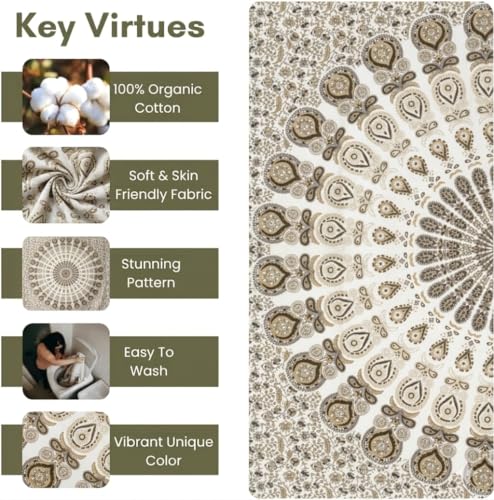 FURNISHFUL FINESSE Handmade Cotton Peacock Mandala Tapestry - White Gold Indian Boho Wall Decor, Shimmery Bohemian Hippie Room Hanging - 30x40 Inches, (White Gold) - color: White Gold, size: 40"L x 30"W