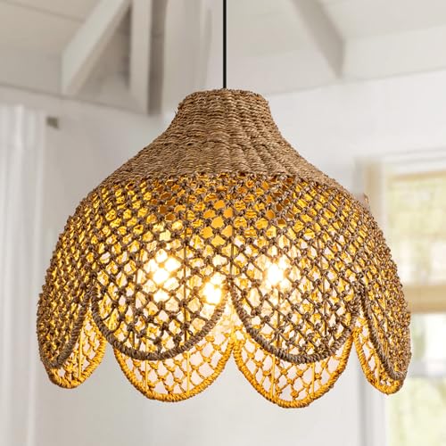 Rattan Pendant Light Fixtures,18.11" Boho Seagrass Pendant Light,3-Light Hand Woven Water Plants Rattan Chandelier for Dining Living Bedroom Kitchen Farmhouse - color: Black, size: 18.11" 3-Light