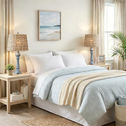Maxax 26" Boho Rattan Table Lamps Set of 2 with USB A+C Ports, Coastal Bedside Lamps with Rattan Shade, Distressed Antique Blue Farmhouse Wicker Lamps, Rustic Resin Nightstand Lamps for Living Room - color: Antique Blue