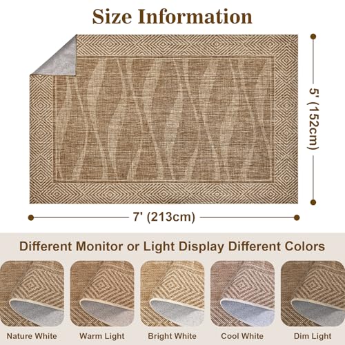Jute Rug 5x7 Outdoor Patio Rug with Border, Washable Rugs for Living Room, Farmhouse Non Slip Area Rugs with Rubber Backing Indoor Outdoor, Non Shedding Carpet for Bedroom, Courtyard, Light Brown - color: Light Brown, size: 5'x7'