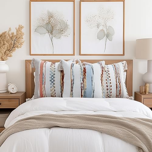 decorUhome Boho Decorative Throw Pillow Covers 18x18 Set of 2, Striped Chenille Tufted Pillow Covers with Tassels for Couch Bed Sofa, Cream White and Light Blue - color: Cream White and Light Blue
