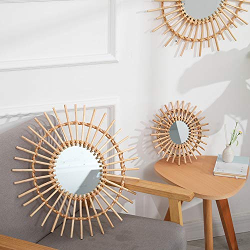OYPEIP 22" Large Natural Rattan Sunburst Bohemian Hanging Glass Decor,Rustic Handwoven Innovative Art Decoration Round Makeup Mirror for Dressing Living Room Bedroom Bathroom Corridor,Entryway