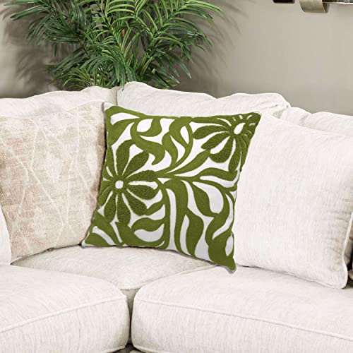 Alysheer Farmhouse Floral Leaves Embroidered Decorative Throw Pillow Cover 18x18 inches, Boho Tufted Flowers Embroidery Pattern Chic Cotton Cushion Case for Couch Bed Sofa Living Room(Olive Green) - color: Olive Green Floral, size: 18" x 18" (Pack of 1)
