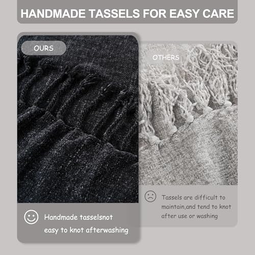 BATTILO HOME Black Chenille Throw Blanket for Couch, Soft Cozy Textured Knit Throw Blanket with Handmade Fringe Tassels, Lightweight Decorative Farmhouse Blanket for Sofa Bed Chair, 50"x60" - color: Black