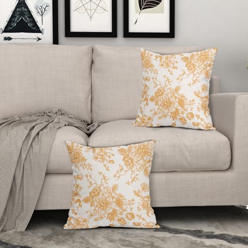 Orange and Cream Floral Pillow Covers 18x18 Inch Set of 2 Vintage Floral Throw Pillow Covers Chinoiserie Flower Pillowcases Rustic Farmhouse Cotton Linen Cushion Covers for Couch Bed Sofa Decor - color: Orange, size: 18" x 18" (Pack of 2)