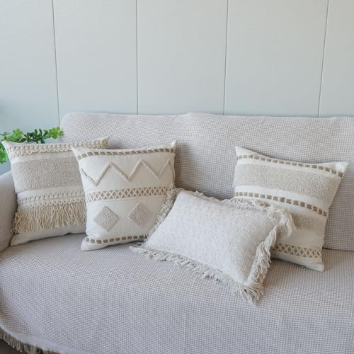 Boho Throw Pillow Cover Tassels Textured Striped Bed Pillow Shams Farmhouse Neutral Decorative Soft Pillowcase for Sofa Couch Bed (PatternC,18"x18") - color: Pattern C, size: 18"x18",Throw Pillow Covers