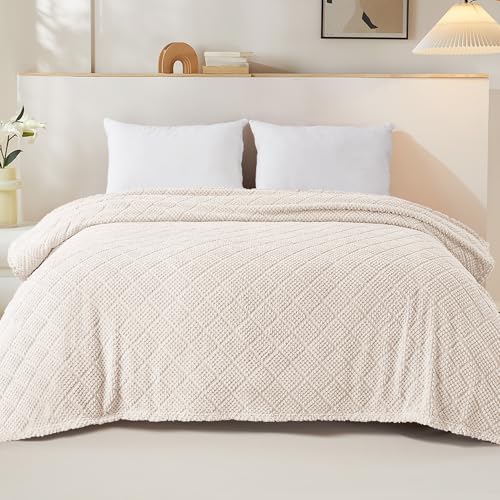 Whale Flotilla Fuzzy Fleece Queen Size Blanket for Bed, Soft Fluffy Jacquard Waffle Blankets for All Season, Lightweight and Cozy, 90x90 Inch, Ivory - color: Ivory, size: Queen(90x90 Inch)