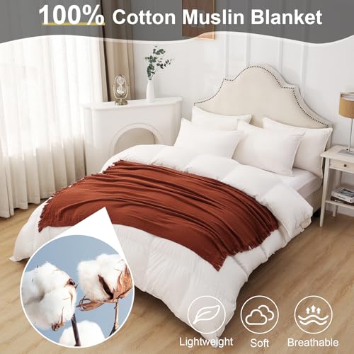 Cotton Muslin Throw Blanket with Tassels, Lightweight Woven Gauze, Pre-Washed Breathable Farmhouse Decor for Bed, Couch, All-Season Use (Rust, 50" x 60") - color: Rust, size: 50" x 60"