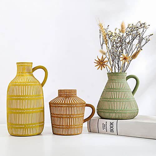 Boho Ceramic Vase Set of 3 for Living Room Bedroom Modern Yellow Brown Green Fake Flower Plant Vases for Home Decor Office Centerpieces Antique Retro Rustic Farmhouse Vintage Classic Gift - color: Multicolor
