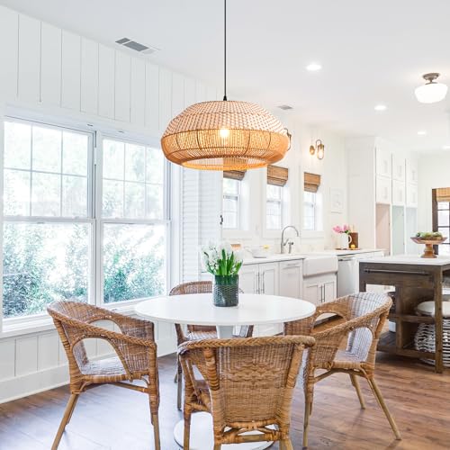 Boho Woven Pendant Light, 19" Farmhouse Handwoven Rattan Chandelier Ceiling Light for Kitchen Island Dining Room, Coastal Hanging Basket Light Fixture with 47.2" Adjustable Cord, E26 Base - color: D3037