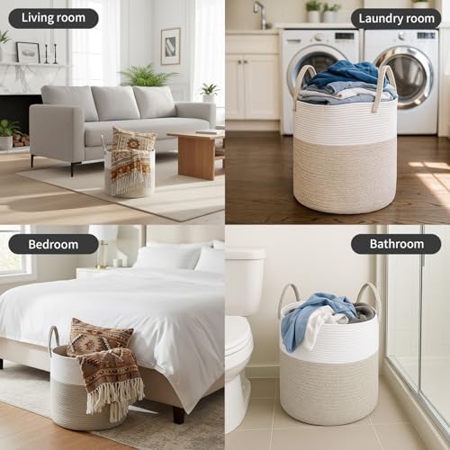 ShellKingdom Laundry Basket, Large Natural Rope Woven Storage Basket with Handles for Home, Living Room, Laundry, Storage Organizer for Blankets, Clothes, Toys, 19.7 x 14.96 INCH (2-Toned White Khaki) - color: 2-Toned White Khaki, size: 58L