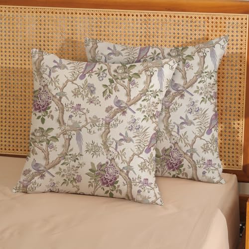Chinoiserie Throw Pillow Covers 18x18 Inch 2 Pcs Vintage Purple Green Floral Bird Decor Pillow Covers Flower Outdoor Seasonal Farmhouse Decorative Pillowcase Linen Cushion Cover for Couch Sofa - color: Chinoiserie Purple Green Floral Bird, size: 18" x 18"