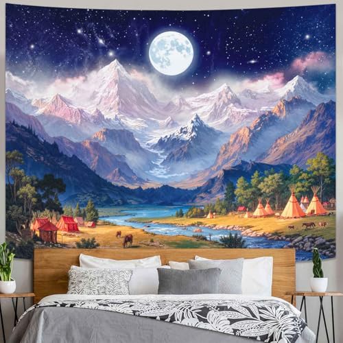 Wegklazax Full Moon Mountain Tapestry, Celestial Fantasy Wall Art for Room Decor, Serene Nature Home Decor 60" L x 44" W - color: Blue White, size: 60"L x 44"W