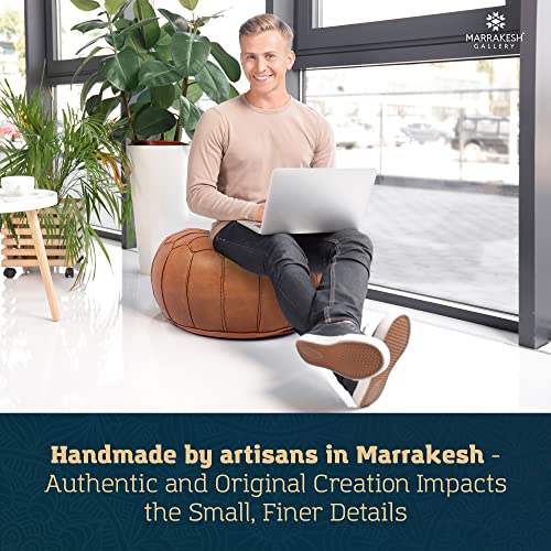 Marrakesh Gallery Genuine Leather Round Pouf Unstuffed - Moroccan Ottoman Footstool, Footrest Cover - Boho Decor - Bohemian Living Room, Bedroom, Kids Room, Gift & Wedding - color: Tan Cognac