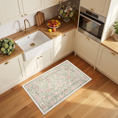 GarveeHome Pink and Green Beige Vintage Floral Small Rug 2x3 Door Mat Indoor Rugs for Entryway Washable Non-Slip TPE Backing Soft Low-Pile Rugs for Bathroom Bedroom Kitchen - color: A Beige / Pink, size: 2' x 3' (Rectangular)