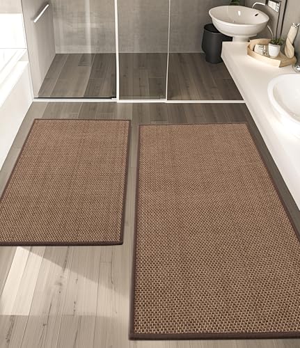 YIHOUSE Bathroom Rugs Sets 2 Pieces, Coffee Ultra Thin Bath Mats Fit Under Door, Absorbent Quickly Dry Rubber Backing Braided Bath Mat Set, Non Slip Washable Bath Rugs Mat for Bathroom Floor, Coffee - color: Coffee, size: 2pieces