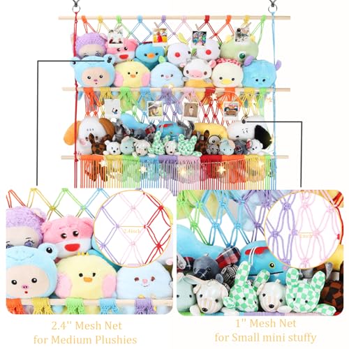 2 Tier Stuffed Animal Storage Shelf Net, 35x30'' Large Plushie Net w/ 2.4/1'' Dense Mesh for Mini Medium Stuffy Teddy, Rainbow Boho Macrame Toy Holder Display w/ Lights&Clips for Nursery Kid Girl Boy - color: Rainbow, size: Large-2 Tier-35x30 Inch