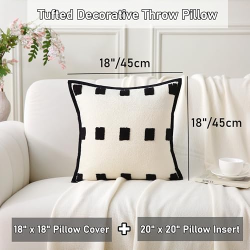 Boho Decorative Throw Pillows with Inserts, 18" x 18" Soft Tufted Modern Chenille Pillow, Pillows for Home, Patio, Couch, Bedroom, Living Room (Black Square - White Background) - style: Black Square