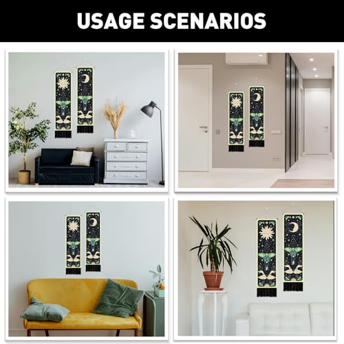 PLIGREAT 2 Pack Sun Moon Wall Tapestry, 52" x 13" Green Moth Vertical Tapestry with Tassels Aesthetic Cloud Star Wall Hanging for Bedroom Living Room Dorm Room Black Long Narrow Art Decor - color: green,black