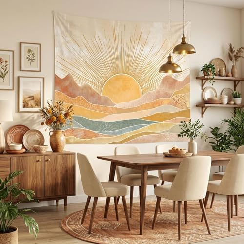 Lifeel Boho Sun Mountain Tapestry, Vintage Minimalist Sunset Geometric Bohemian Abstract Art Tapestries for Bedroom Living Room, 36x48 inches - color: Yellow, size: 48"L x 36"W