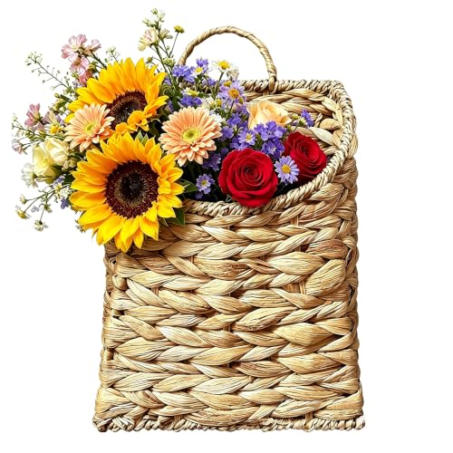 Boho Wall Hanging Basket, Water Hyacinth Woven Basket for Front Door, Flat Back Wall Mounted Entryway Organizer, Storage for Flowers, Plants, Farmhouse, Home Decor