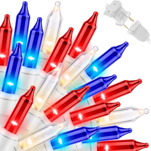 LAMPHOME 100 Count Red White and Blue Mini String Lights with White Wire,Connectable 19.6ft 120V Waterproof 4th of July Patriotic Incandescent Lights, Independence Day Lights for Outdoor Indoor Decor - color: Red White Blue