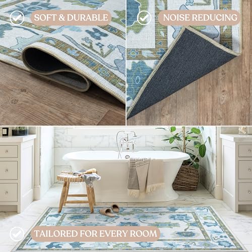 Fame Living Green Oushak Runner Rug, Modern Runners, Vintage, Turkish, Eclectic, Floral, Pastel, Washable, Long Runner Rugs for Hallway, Kitchen, Living Room, Bedroom, Kitchen, Bathroom, 2'5"x13' - color: Cream Green, size: 2'6" x 13' (Rectangular)