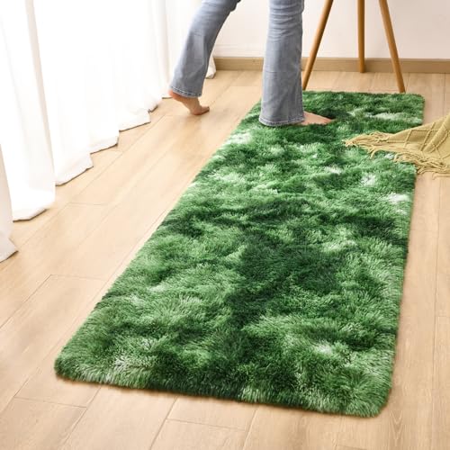 DweIke Fluffy Dark Green Runner Rugs for Bedroom, 2x6 Feet Soft Plush Long Moss Runners for Girls Boys Kids, Non-Slip and Machine Washable Bedside Rug, Small Throw Carpet for Hallway Rooms Decor - color: Dark-green, size: 2 Ft X 6 Ft