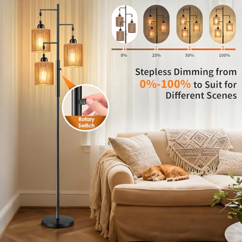Hotsonic 72" Tall Boho Rattan Style Floor Lamp with Hand-Woven Paper Cord Shade, Dimmable Industrial Tree Standing Lamp for Living Room, Bedroom, Study Room, Office (3 x 800LM Bulbs Included) - Black - color: Black+Light Brown