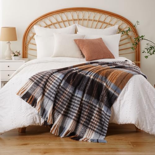 Battilo Plaid Throw Blanket for Couch Bed, Soft Mohair Tartan Plaid Blanket, Farmhouse Style Checkered Pattern, Bluish Grey Throw Blankets for Home Decor(50"x60") - color: Bluish Grey