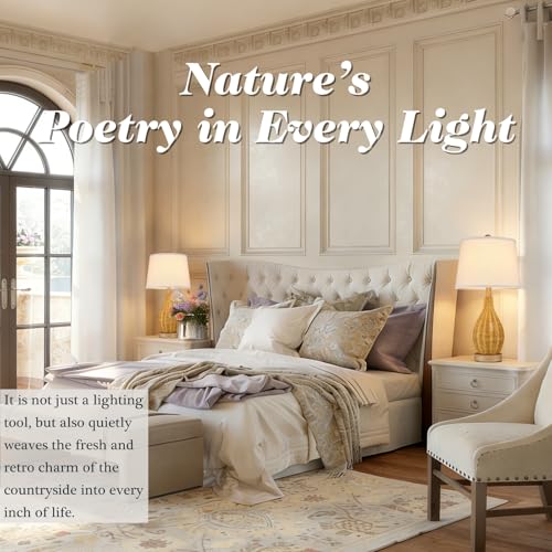 Hamilyeah 23" Farmhouse Table Lamps Set of 2 with Bulbs Included, Boho Bedside Lamps with Fabric Shade, Natural Woven Rattan Nightstand Lamps for Bedroom, Living Room, Large Spaces - color: wooden color