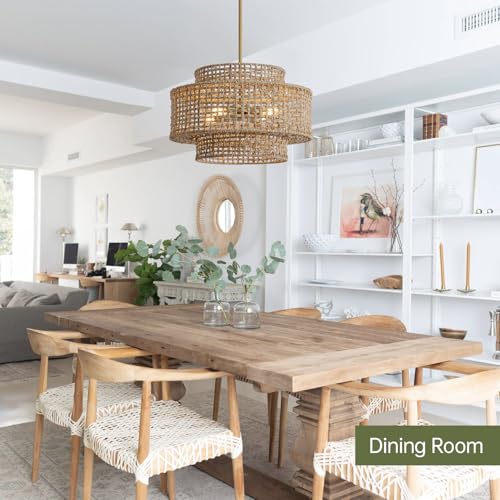 17.7” Boho Rattan Chandelier Light Fixture 4-Light Hand Woven Rustic Chandeliers with Wicker Shade, Farmhouse Chandelier Hanging Light for Dining Room Kitchen Island, Living Room, Foyer - color: Linen, size: 17.7" 4-Light