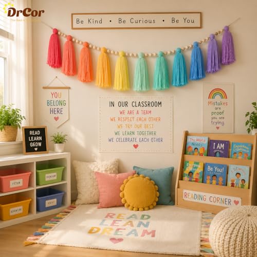 DrCor Crayon Rainbow Tassel Garland – Colorful Handmade Yarn Banner for Classroom Decor, Bulletin Board, Nursery, Kids Room, Playroom, Baby Shower & Birthday Party Decorations - color: Rainbow