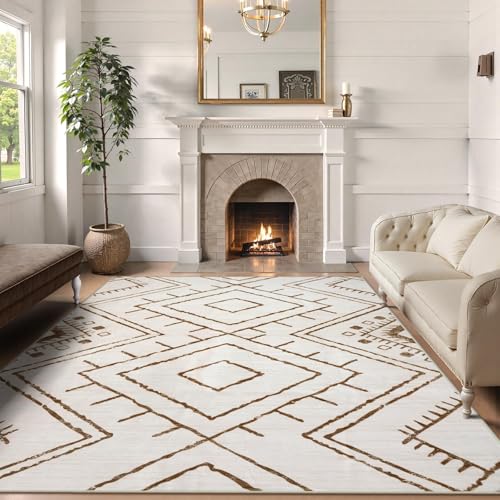 LIVEBOX Moroccan 8x10 Area Rug, Beige Washable Rugs for Living Room Bedroom, Non Slip Western Tribal Rug Low Pile Geometric Large Area Rugs Diamond Carpet for Dining Room, Nursery Room, Playroom Boho - color: Beige/Brown, size: 8‘ x 10'