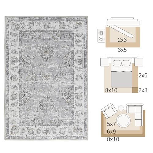 jinchan Fiora Floral 2x3 Rugs for Entryway - Vintage Washable Small Non-Slip Distressed Indoor Doormat Ultra-Thin Low-Pile Accent Rug for Entrance Kitchen Bedroom Bathroom (2x3ft, Grey) - color: Distressed Grey, size: 2' x 3' (Light Weight)