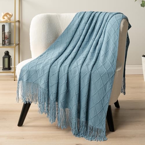 PAVILIA Dusty Blue Knit Throw Blanket for Couch Bed, Soft Knitted Farmhouse Sofa Throw for Living Room, Lightweight Decorative Summer Throw Blanket for Chair, Outdoor Textured Boho Blanket, 50x60 - color: Dusty Blue, size: 50 X 60 Inches - Throw