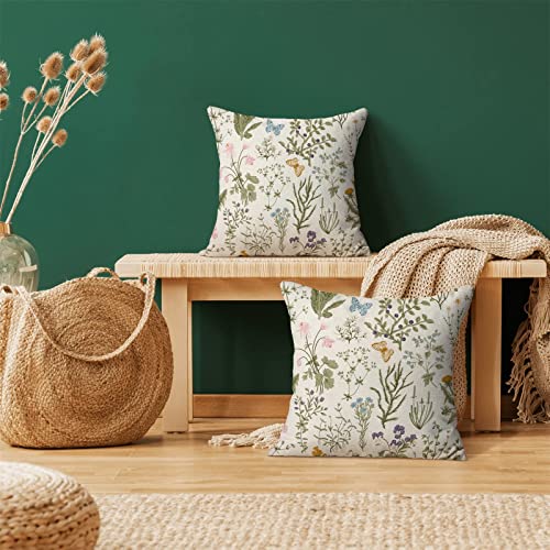 AEIOAE Spring Pillow Covers 16x16 Inch Set of 2,Sage Green Wild Flower Plant Throw Pillows Case,Seasonal Floral Outdoor Decorative Square Linen Farmhouse Decor Cushion Covers for Home Sofa Bed Couch - color: Wild Floral 01, size: 16" x 16" (Pack of 2)
