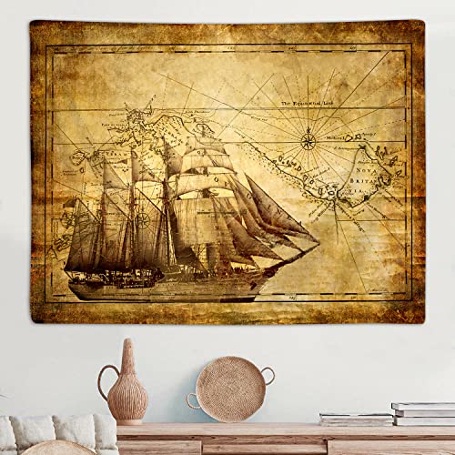 Old Map Tapestry, Vintage Nautical Pirate Treasure World Map Art Tapestries Wall Hanging for Men Bedroom College Dorm Living Room Office Decor 60X40", Fun Pirate Ship Cool Poster Blanket - color: Map-2, size: 40"L x 60"W