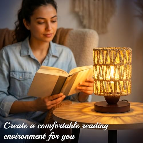 Small Rattan Lamp for Bedroom,Boho Table Lamp for Living Room,Dimmable Woven Bedside Lamp for Nightstands, Handmade Farmhouse Wicker Bamboo Table Lamp for Room Office Decor (LED Bulb Included) - style: B