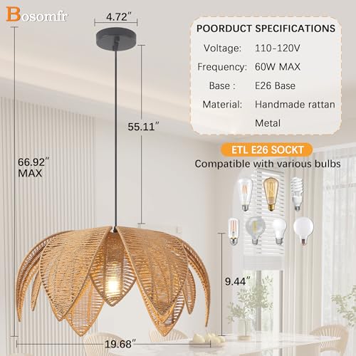 Hand Woven Rattan Chandelier, Boho Pendant Light 19.68 inches Wicker Light Fixture Suitable for Dining Room, Kitchen, Living Room, Farmhouse,E26 Lamp Base - size: 19.68''
